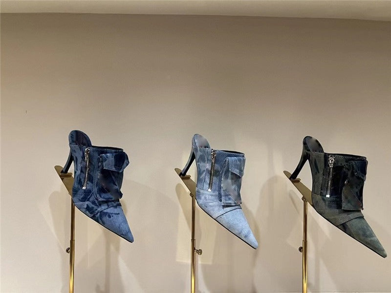 Women Pocket Denim Mules Sexy Pointed Toe Stiletto Heel Pump Female Slip-on Blue Jean Slides Ladies Side Zipper Design Slippers
