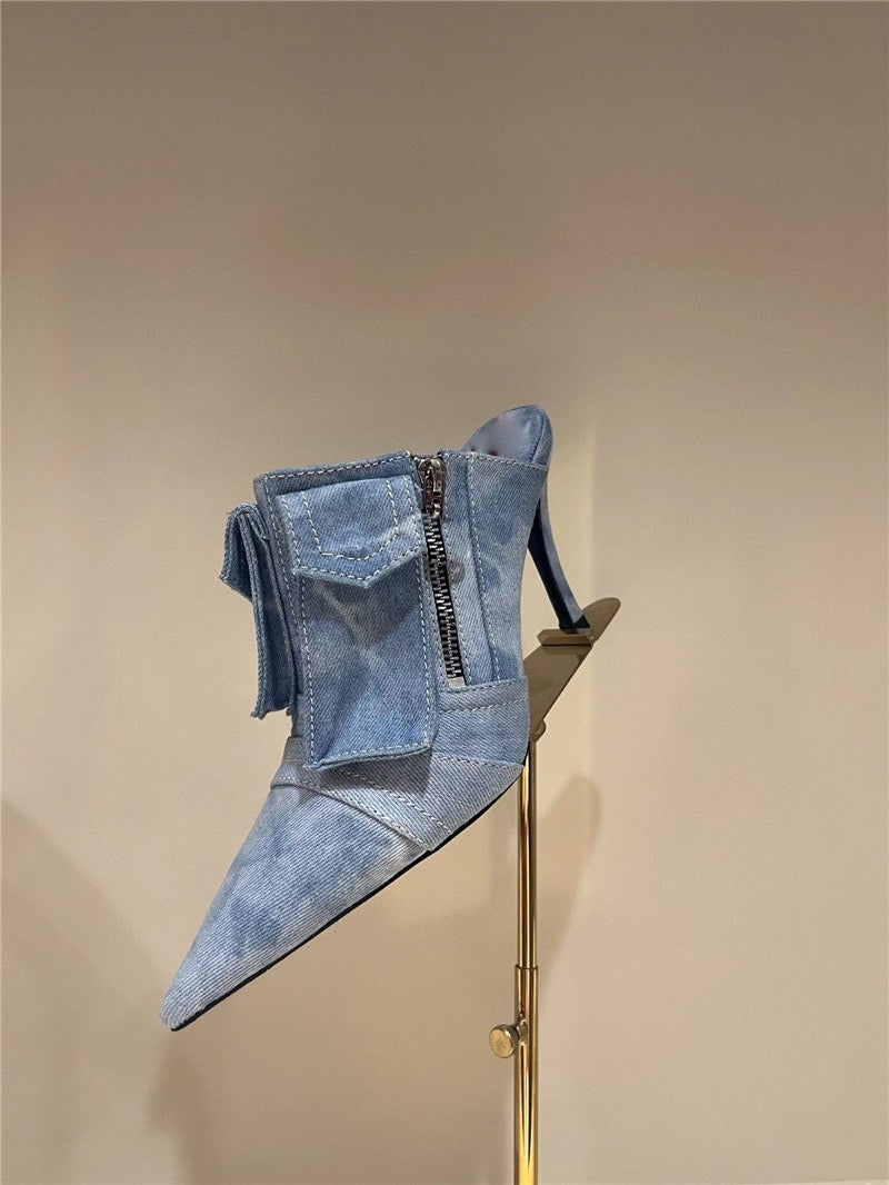 Women Pocket Denim Mules Sexy Pointed Toe Stiletto Heel Pump Female Slip-on Blue Jean Slides Ladies Side Zipper Design Slippers