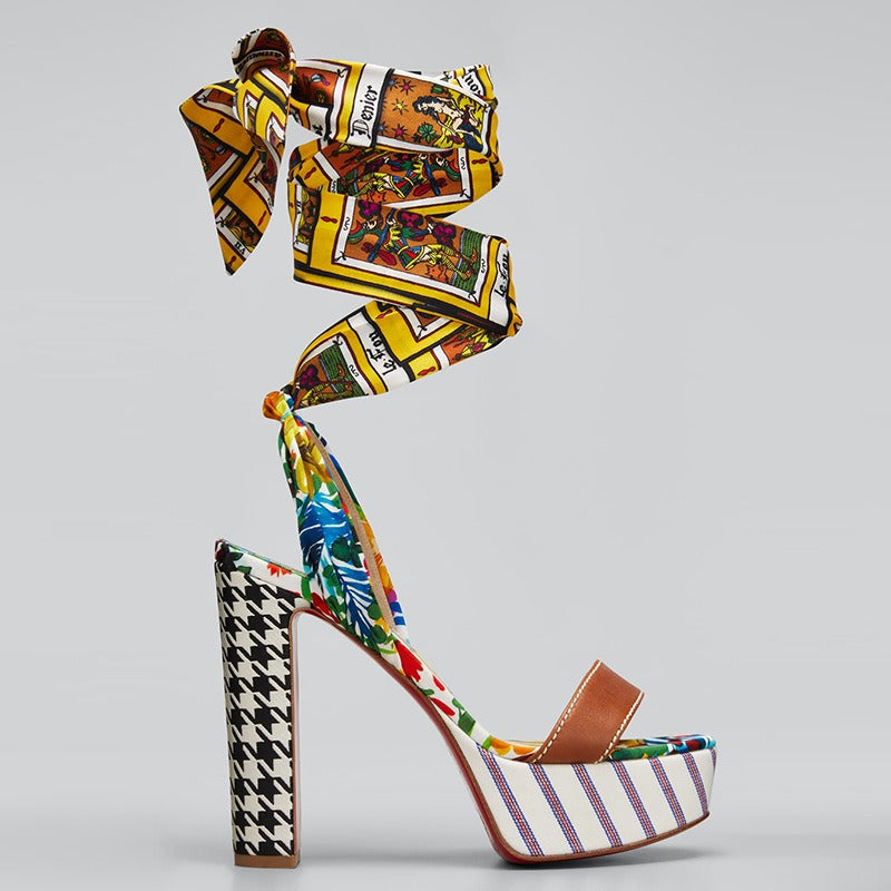 Ladies Bow Lace Up Party Sandals Super High Heel Open Toe Satin Graffiti Feet Nude Lace Up Party Fashion Print Sandals