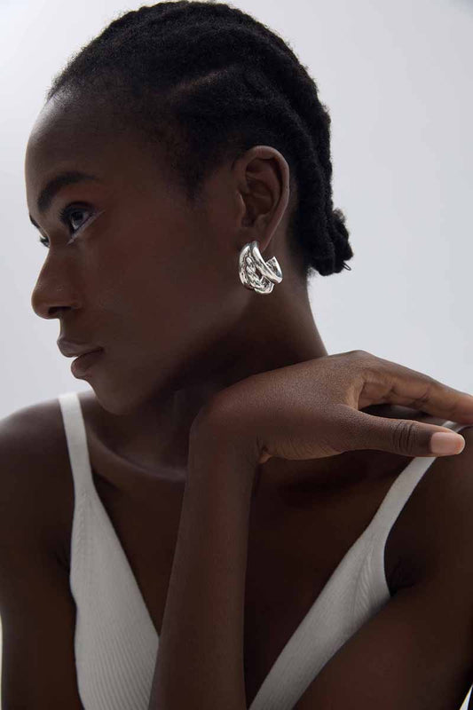 Geometry Round Three Twisted Tube S999 Sterling Silver Huggie Hoop Earrings