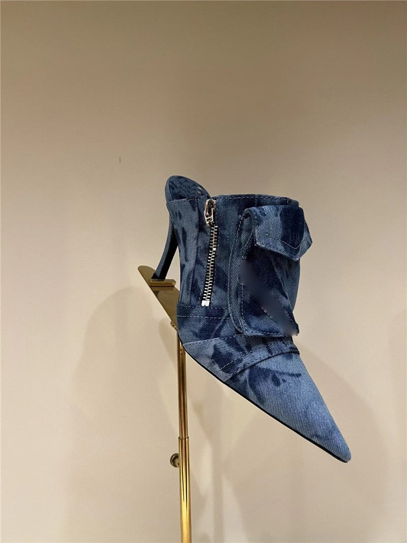 Women Pocket Denim Mules Sexy Pointed Toe Stiletto Heel Pump Female Slip-on Blue Jean Slides Ladies Side Zipper Design Slippers