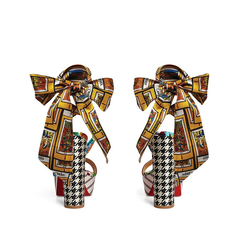 Ladies Bow Lace Up Party Sandals Super High Heel Open Toe Satin Graffiti Feet Nude Lace Up Party Fashion Print Sandals