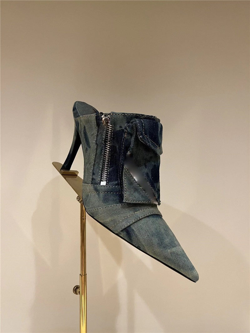 Women Pocket Denim Mules Sexy Pointed Toe Stiletto Heel Pump Female Slip-on Blue Jean Slides Ladies Side Zipper Design Slippers